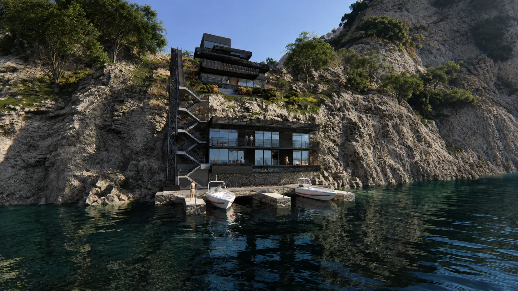 The Lake House at the water, its dock and the Cube on the rock above