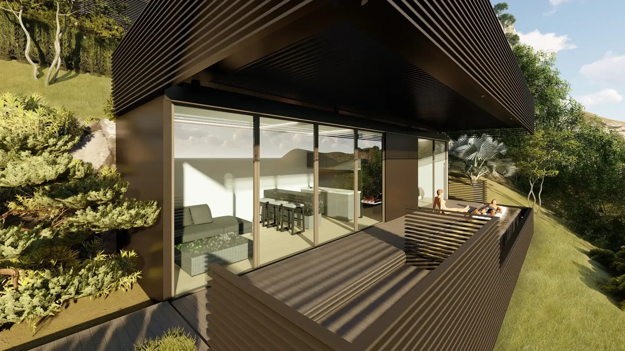 The Petite — the roof louvres, the deck and the pool