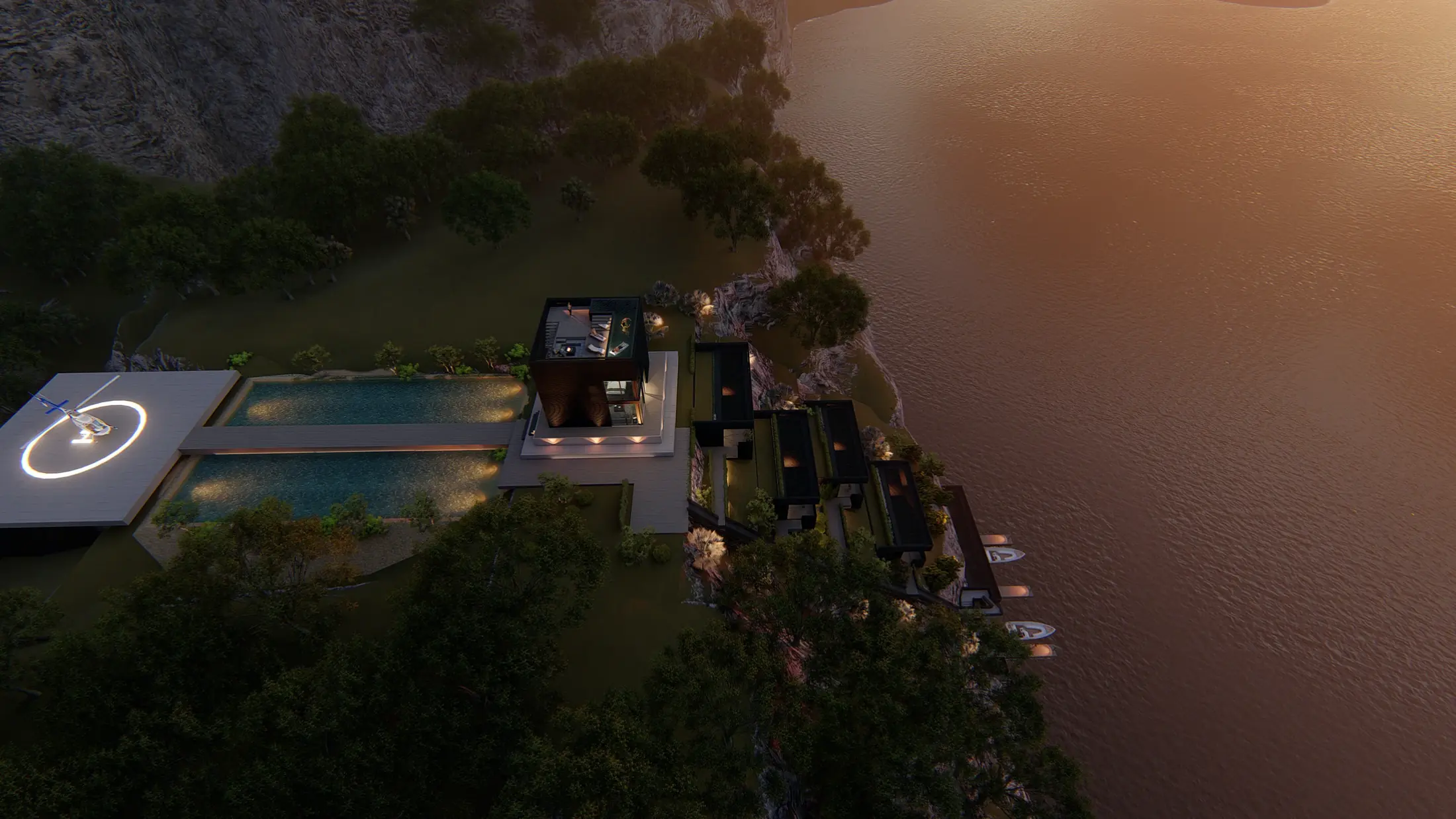 The LAVA reserve at dusk — the helipad, the two pools, the Cube and the six homes stepping down to the water